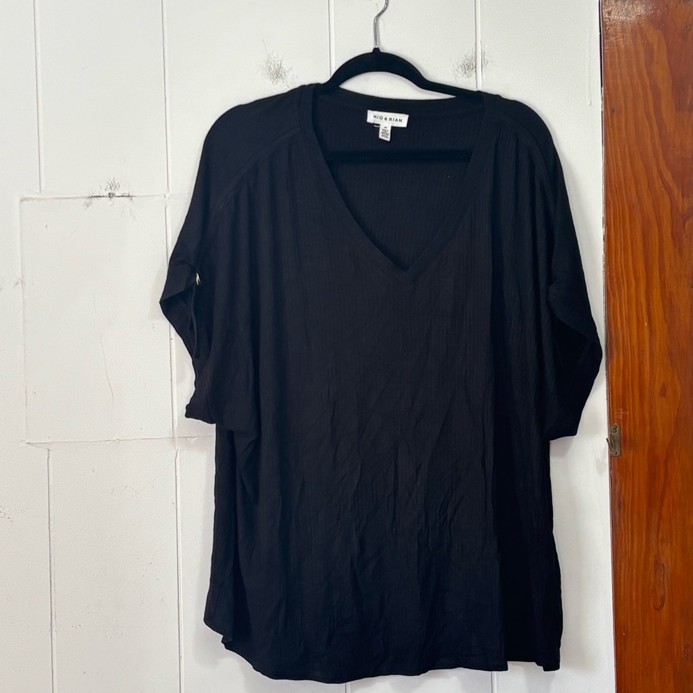Rio &‎ Rian Casual Black Ribbed V-Neck Short Sleeve Tee 3X